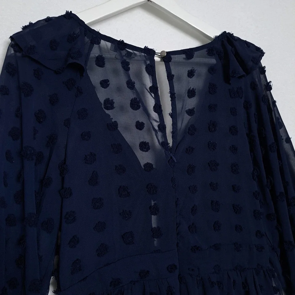 Verte Mini Dress L Navy Blue Clip Dot Tie Front Ruffle Sheer Balloon Sleeve Boho